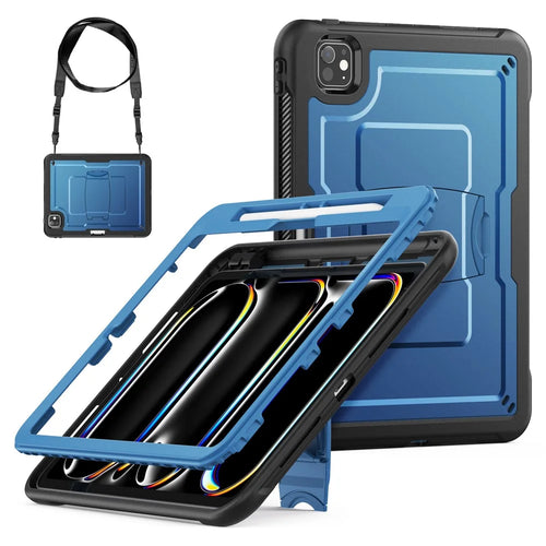 For iPad Pro 11 (2025) / 11 (2024) Case Hidden Zinc Alloy Kickstand PC + TPE Tablet Cover with Shoulder Strap - Navy Blue - 1