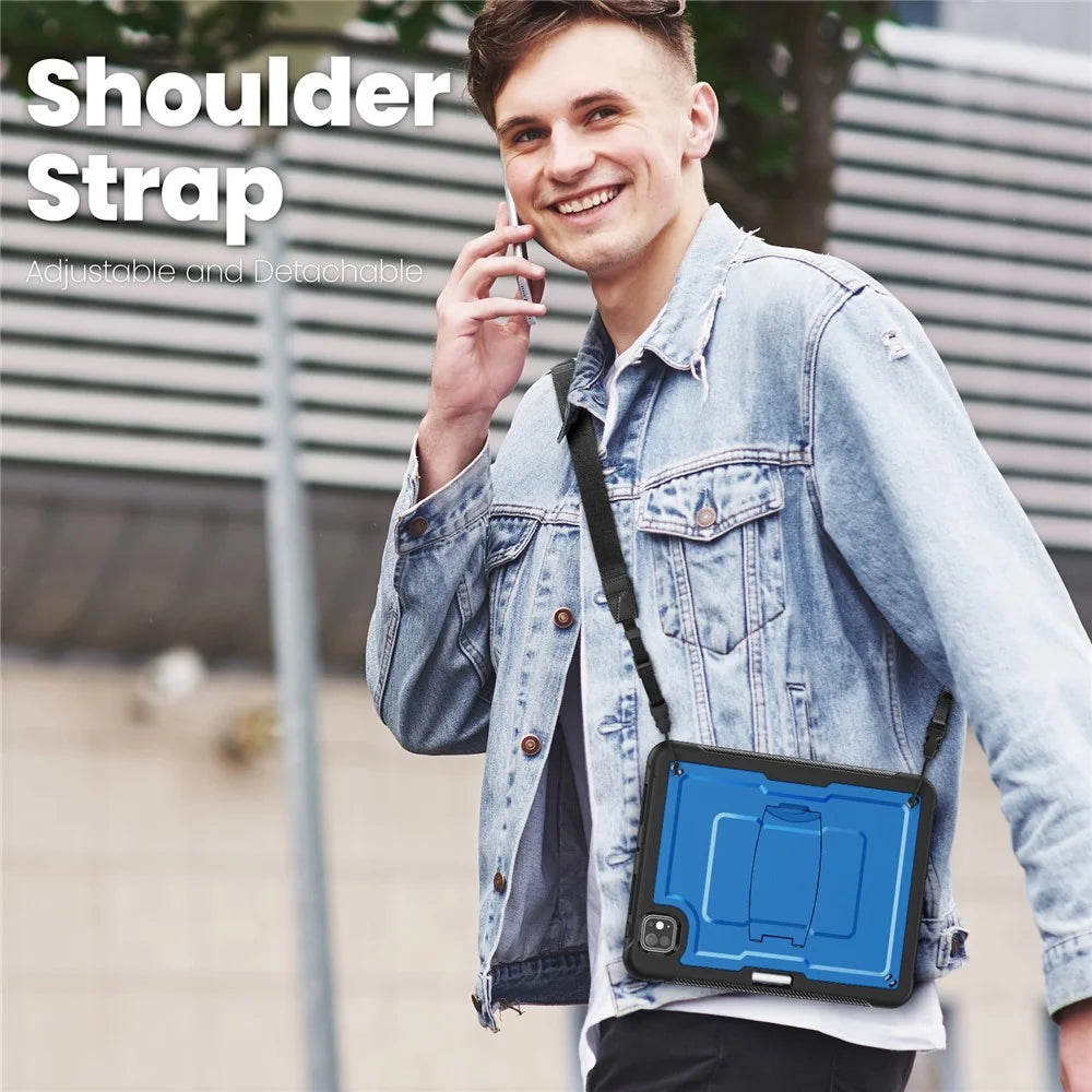 For iPad Pro 11 (2025) / 11 (2024) Case Hidden Zinc Alloy Kickstand PC + TPE Tablet Cover with Shoulder Strap - Navy Blue - 7