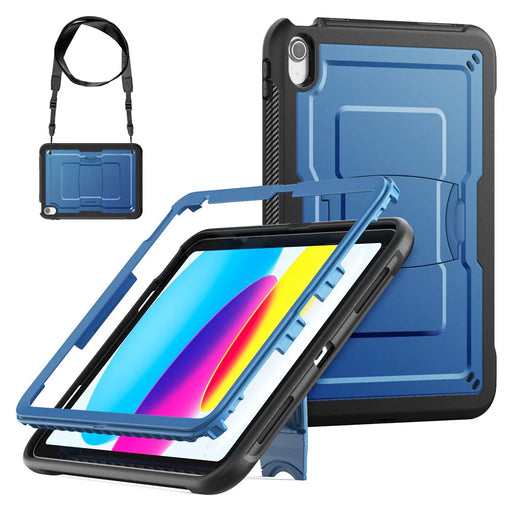 For iPad (2025)  /  10.9 (2022) Case Hidden Zinc Alloy Kickstand PC + TPE Tablet Cover with Shoulder Strap - Navy Blue - 1