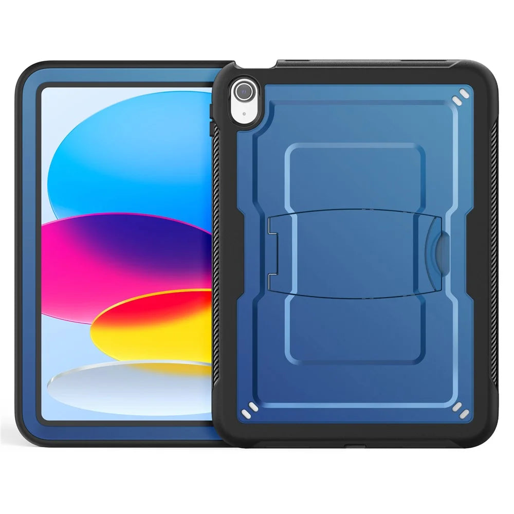 For iPad (2025)  /  10.9 (2022) Case Hidden Zinc Alloy Kickstand PC + TPE Tablet Cover with Shoulder Strap - Navy Blue - 3