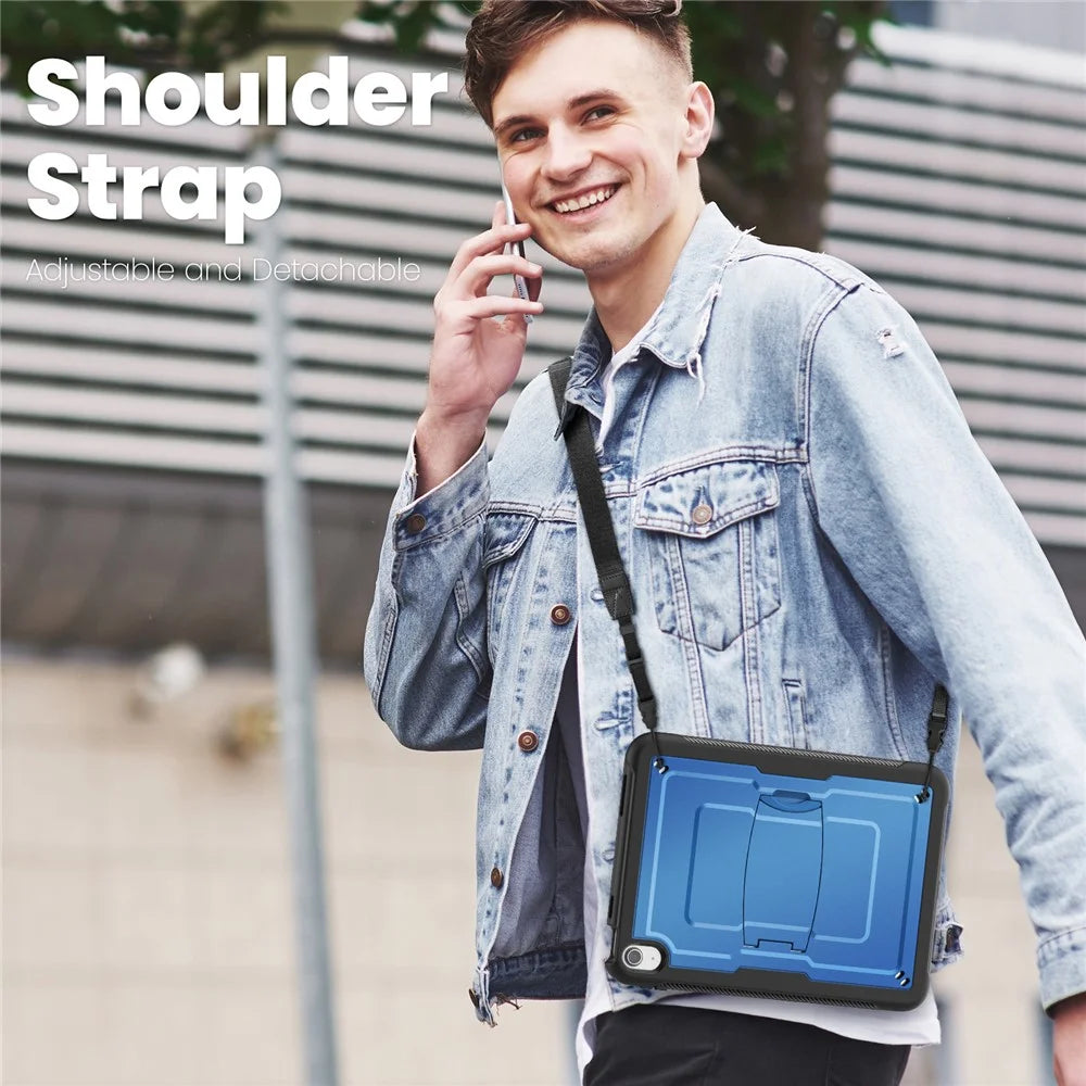 For iPad (2025)  /  10.9 (2022) Case Hidden Zinc Alloy Kickstand PC + TPE Tablet Cover with Shoulder Strap - Navy Blue - 6