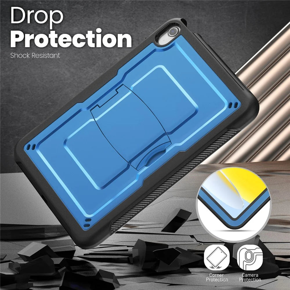 For iPad (2025)  /  10.9 (2022) Case Hidden Zinc Alloy Kickstand PC + TPE Tablet Cover with Shoulder Strap - Navy Blue - 7