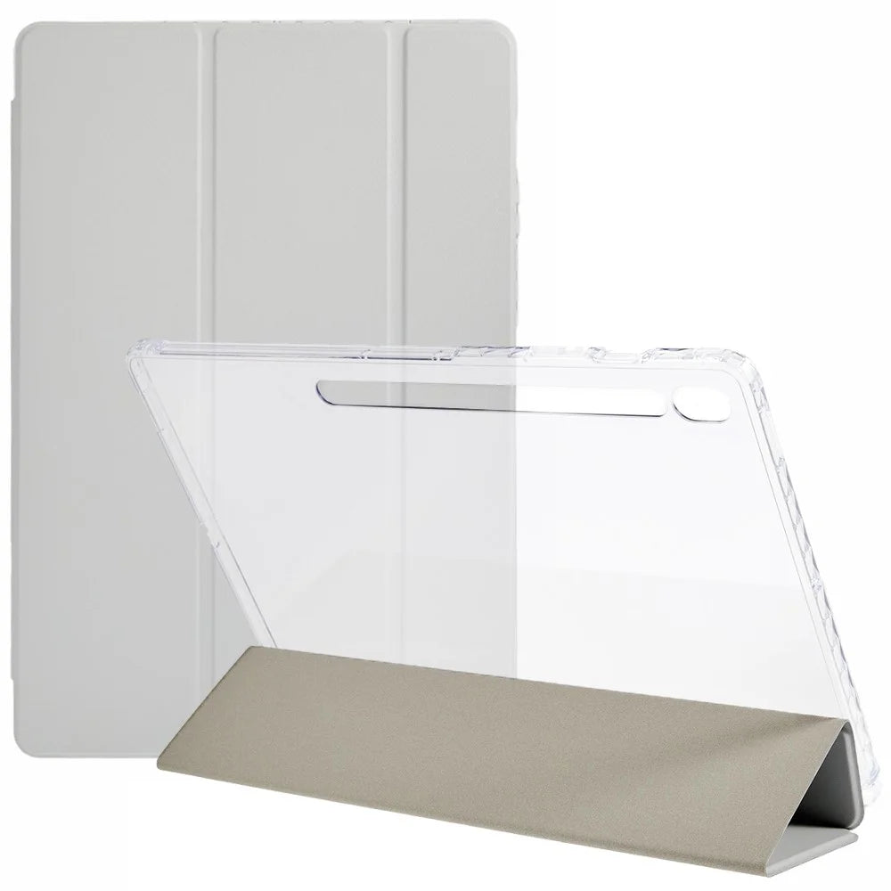 For Samsung Galaxy Tab S10 FE+ Case Tri-Fold Stand Leather + TPU + Acrylic Clear Back Tablet Cover - Grey - 1