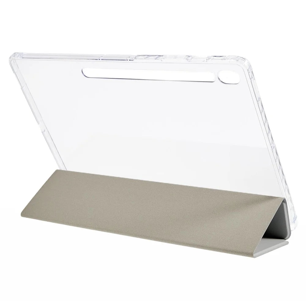 For Samsung Galaxy Tab S10 FE+ Case Tri-Fold Stand Leather + TPU + Acrylic Clear Back Tablet Cover - Grey - 2