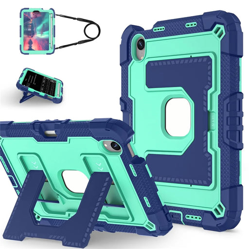 For iPad mini (2024) / (2021) Case with Kickstand Strap Pen Slot Anti Drop PC + Silicone Tablet Cover - Black / Mint Green - 1