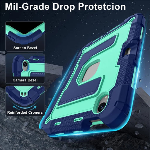 For iPad mini (2024) / (2021) Case with Kickstand Strap Pen Slot Anti Drop PC + Silicone Tablet Cover - Black / Mint Green - 2