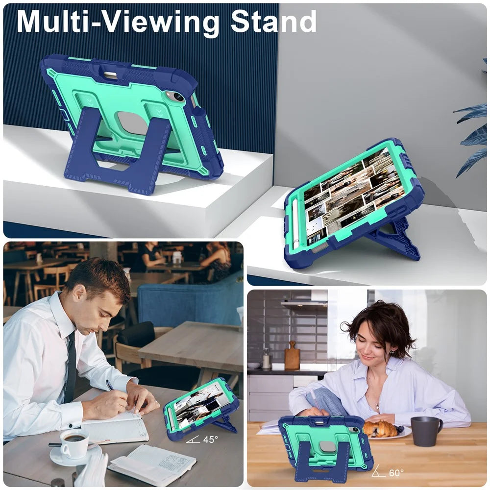 For iPad mini (2024) / (2021) Case with Kickstand Strap Pen Slot Anti Drop PC + Silicone Tablet Cover - Black / Mint Green - 4