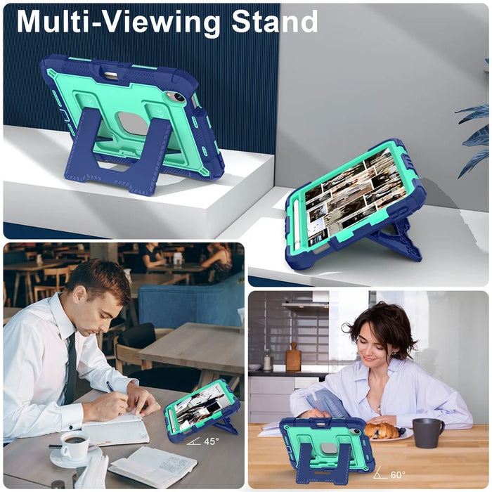 For iPad mini (2024) / (2021) Case with Kickstand Strap Pen Slot Anti Drop PC + Silicone Tablet Cover - Black / Mint Green - 4