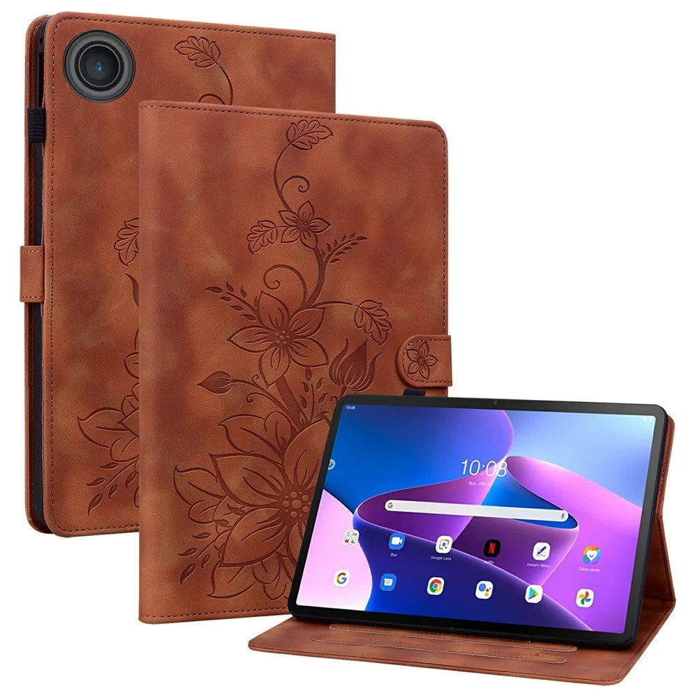 For Lenovo Tab TB311FU Case Lily Flower Imprint Card Slots Leather Tablet Cover - Brown - 1