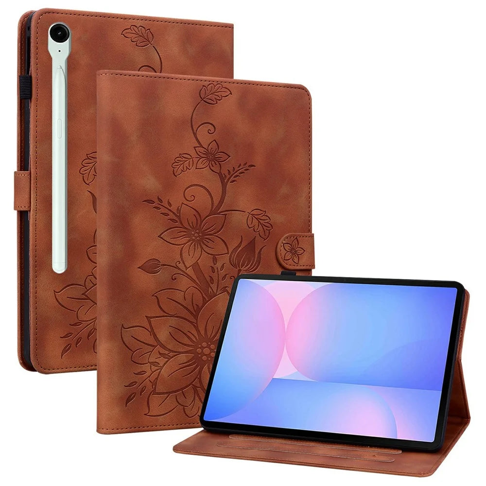 For Samsung Galaxy Tab S10 FE+ Case Lily Flower Imprint Card Slots Leather Tablet Cover - Brown - 1