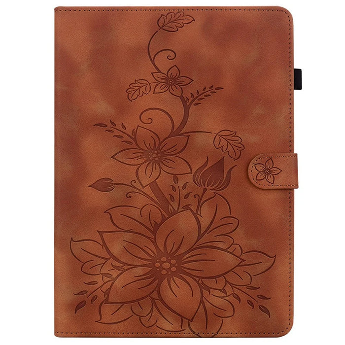 For Samsung Galaxy Tab S10 FE+ Case Lily Flower Imprint Card Slots Leather Tablet Cover - Brown - 5