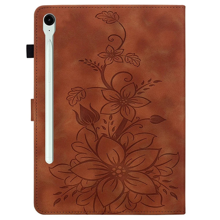 For Samsung Galaxy Tab S10 FE+ Case Lily Flower Imprint Card Slots Leather Tablet Cover - Brown - 6