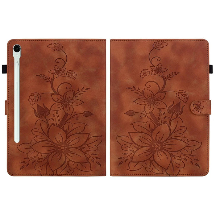 For Samsung Galaxy Tab S10 FE+ Case Lily Flower Imprint Card Slots Leather Tablet Cover - Brown - 7
