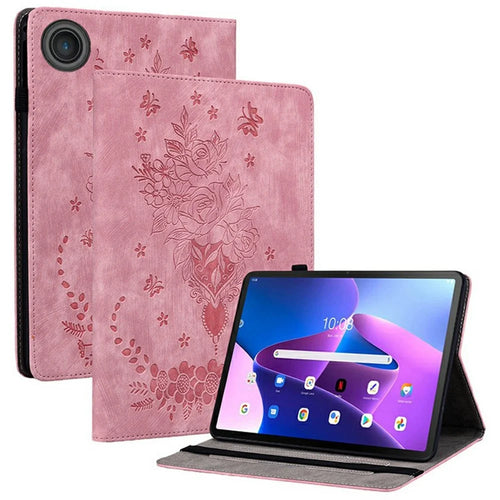 For Lenovo Tab TB311FU Case Card Holder Anti-Scratch Leather Cover Rose Flower Imprint - Pink - 1