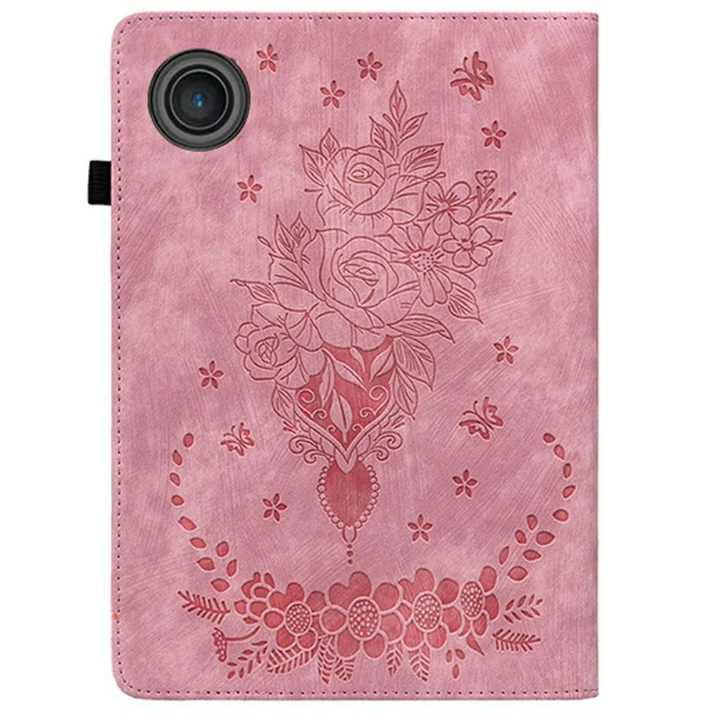 For Lenovo Tab TB311FU Case Card Holder Anti-Scratch Leather Cover Rose Flower Imprint - Pink - 6