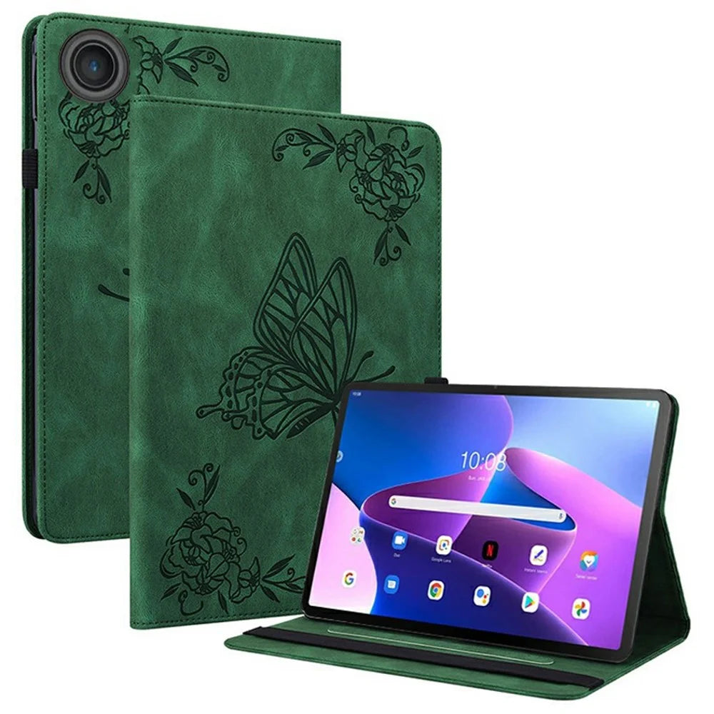 For Lenovo Tab TB311FU Case Butterfly Flower Imprint PU Leather Tablet Cover with Card Slots - Green - 1