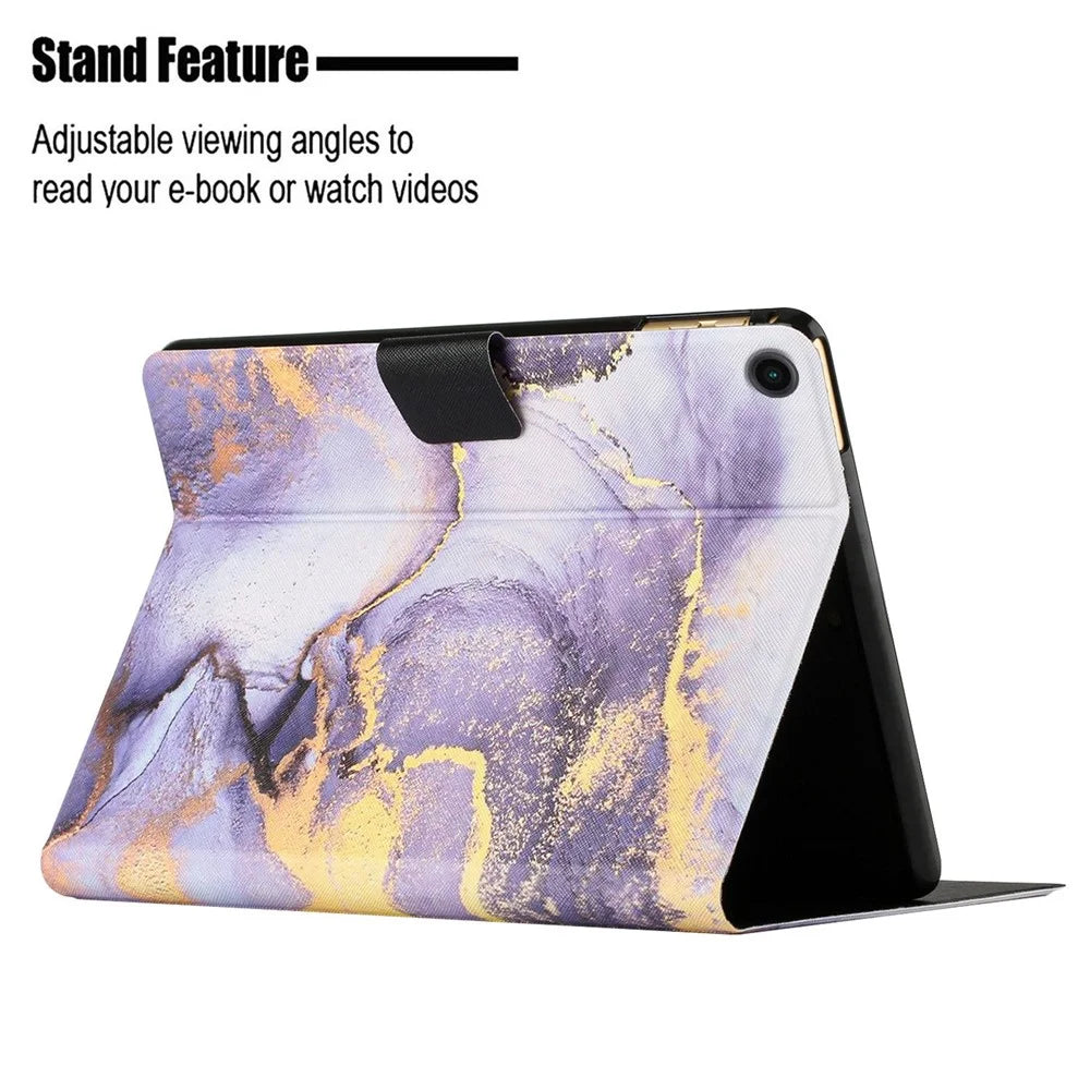For Samsung Galaxy Tab A8 10.5 (2021) X205 / X200 / Tab A8 10.5 (2022) Marble Pattern Printed Tablet Case Stand PU Leather Card Holder Anti-drop Cover - Purple Marble - 3