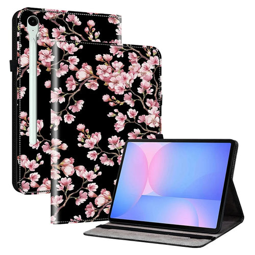 For Samsung Galaxy Tab S10 FE+ Leather Case Pattern Printed Stand Tablet Cover with Card Slots - Plum Blossom - 1