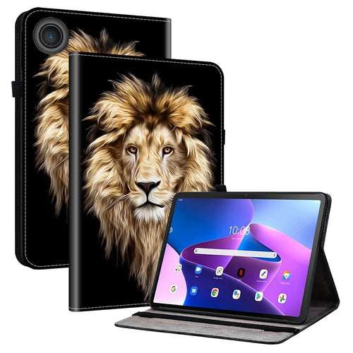 For Lenovo Tab TB311FU Leather Case Pattern Printed Stand Tablet Cover with Card Slots - Lion Head - 1