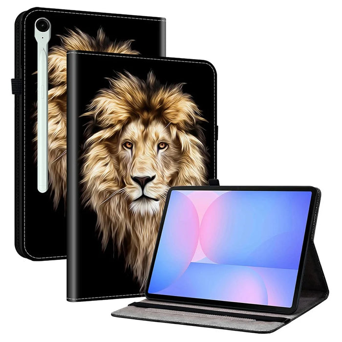 For Samsung Galaxy Tab S10 FE+ Leather Case Pattern Printed Stand Tablet Cover with Card Slots - Lion Head - 1