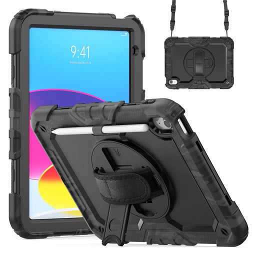 For iPad (2025) / iPad 10.9 (2022) Case Camo Printing PC + Silicone Tablet Cover with PET Film / Shoulder Strap - Black - 1