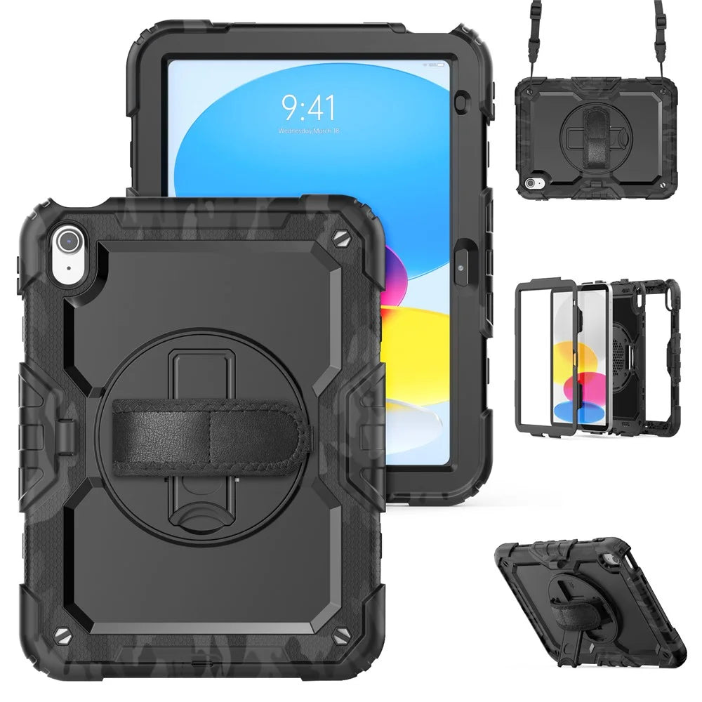 For iPad (2025) / iPad 10.9 (2022) Case Camo Printing PC + Silicone Tablet Cover with PET Film / Shoulder Strap - Black - 2
