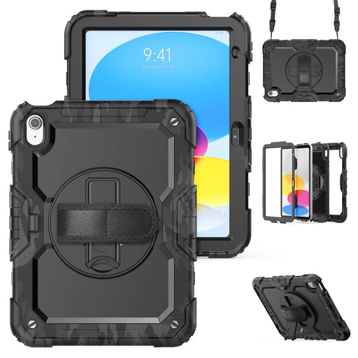 For iPad (2025) / iPad 10.9 (2022) Case Camo Printing PC + Silicone Tablet Cover with PET Film / Shoulder Strap - Black - 2