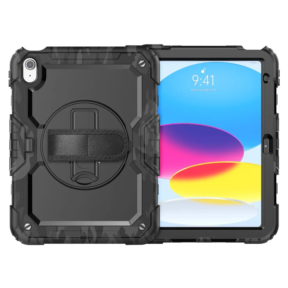 For iPad (2025) / iPad 10.9 (2022) Case Camo Printing PC + Silicone Tablet Cover with PET Film / Shoulder Strap - Black - 3
