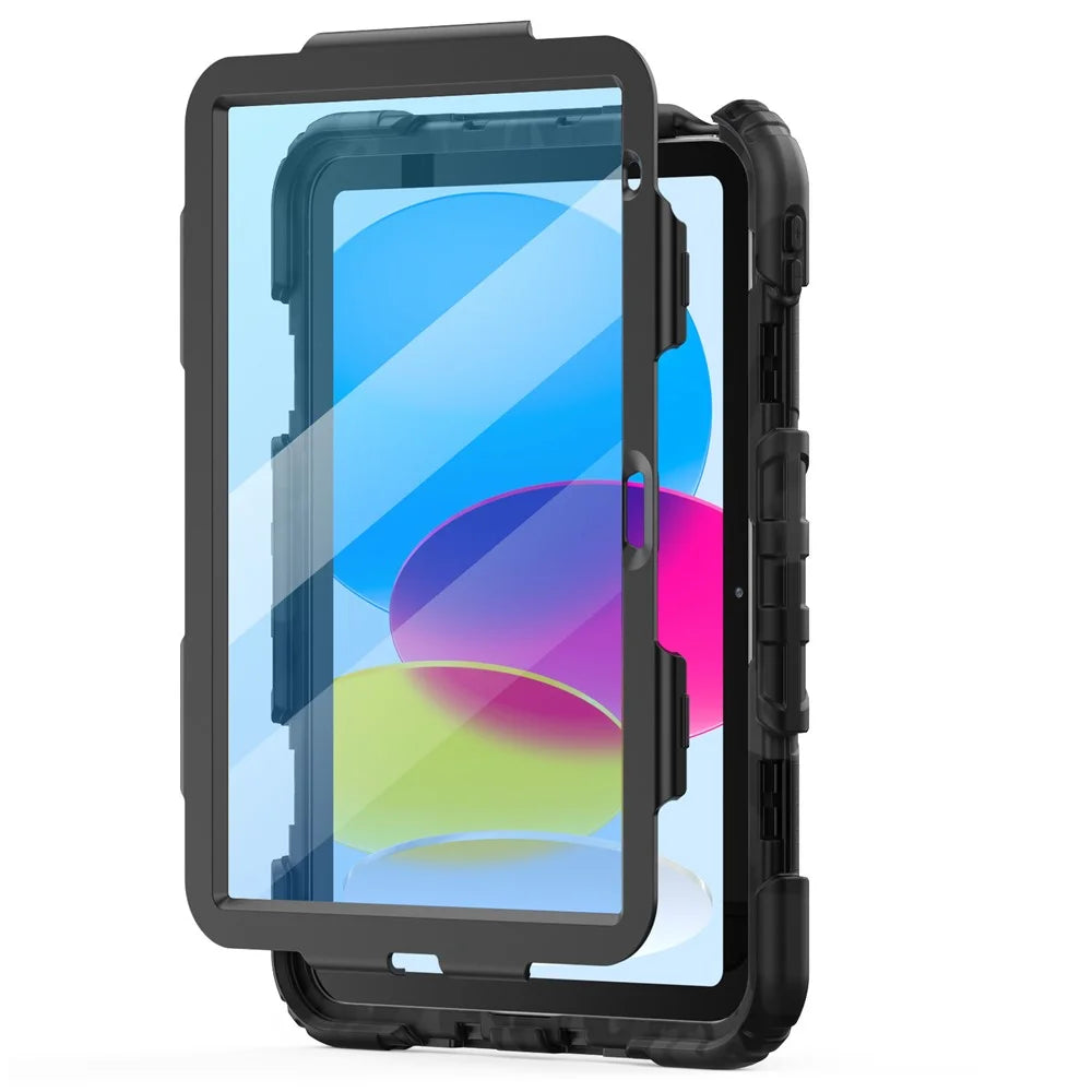 For iPad (2025) / iPad 10.9 (2022) Case Camo Printing PC + Silicone Tablet Cover with PET Film / Shoulder Strap - Black - 4