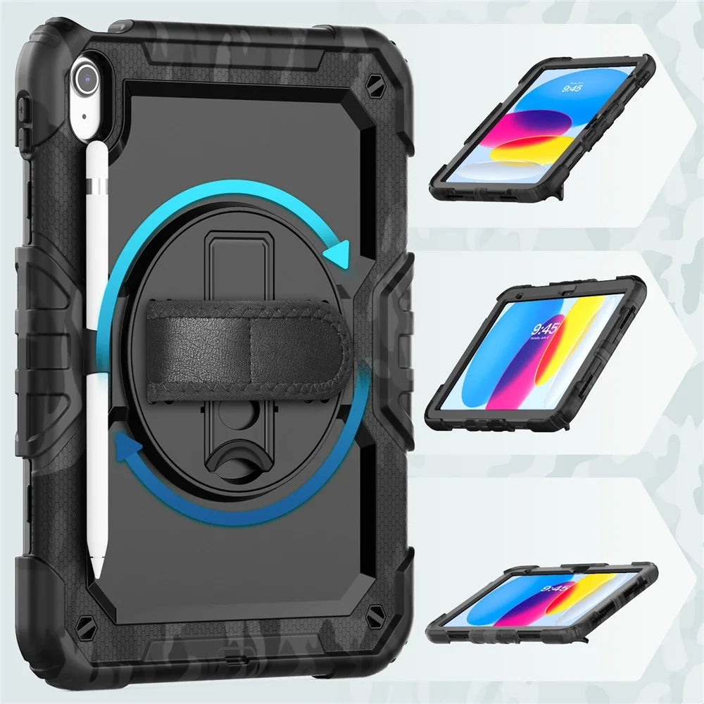 For iPad (2025) / iPad 10.9 (2022) Case Camo Printing PC + Silicone Tablet Cover with PET Film / Shoulder Strap - Black - 5