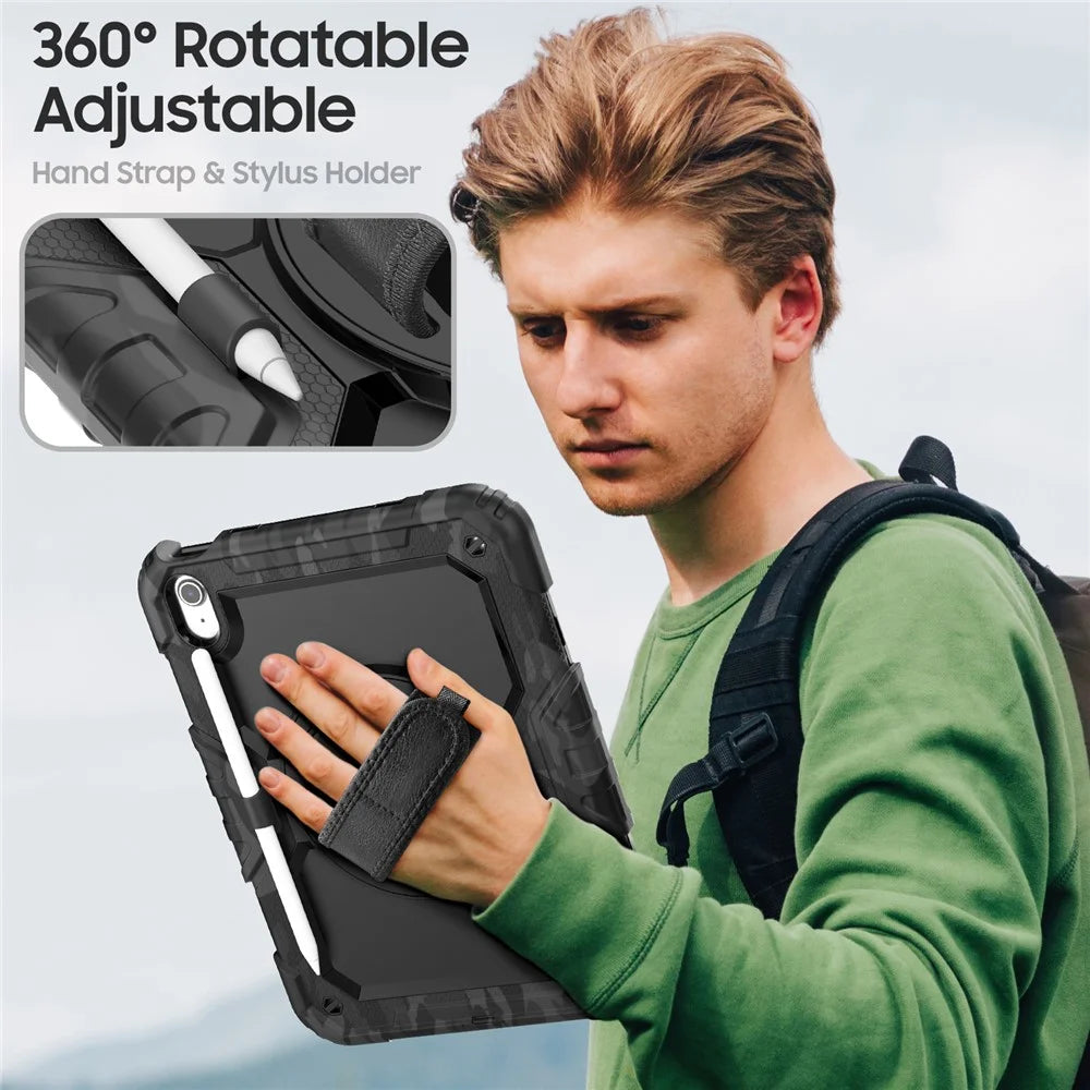 For iPad (2025) / iPad 10.9 (2022) Case Camo Printing PC + Silicone Tablet Cover with PET Film / Shoulder Strap - Black - 6