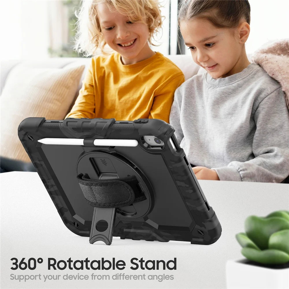 For iPad (2025) / iPad 10.9 (2022) Case Camo Printing PC + Silicone Tablet Cover with PET Film / Shoulder Strap - Black - 7