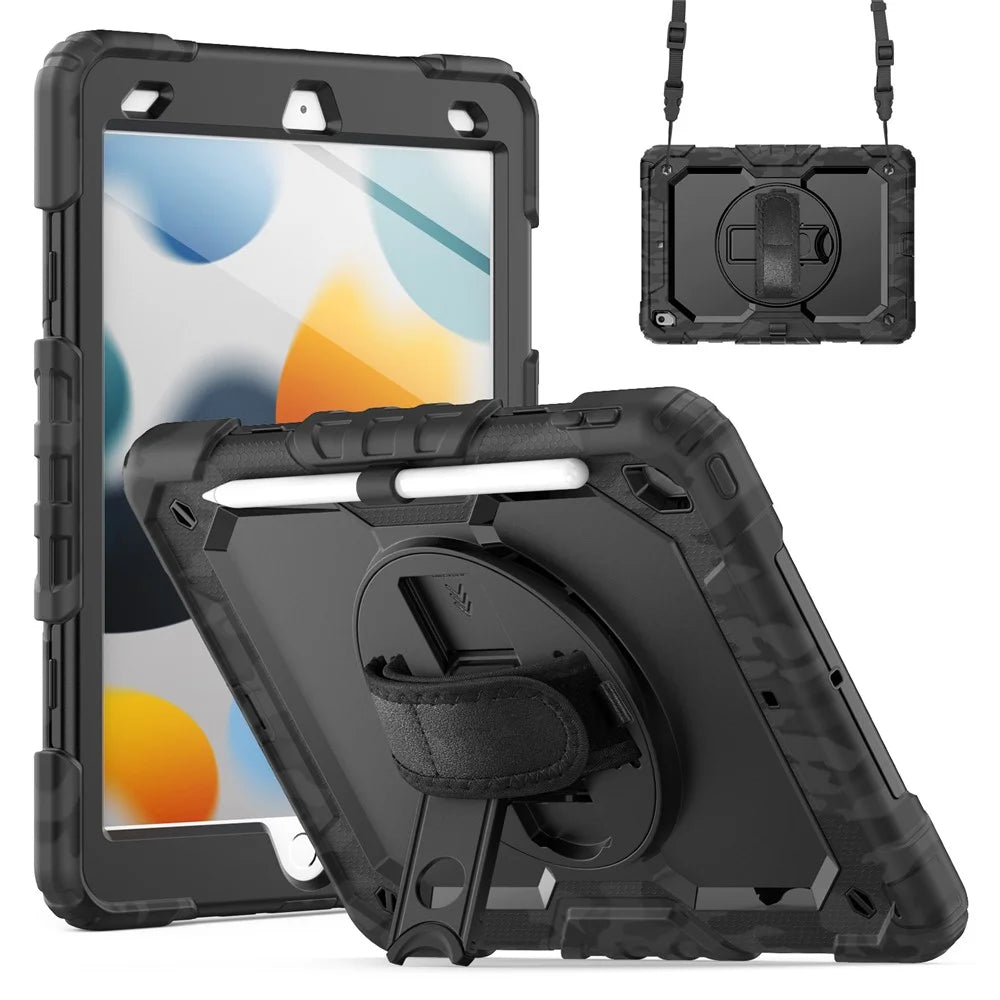 For iPad 10.2 (2021) / (2019) / (2020) Case Camo Printing PC + Silicone Tablet Cover with PET Film / Shoulder Strap - Black - 1