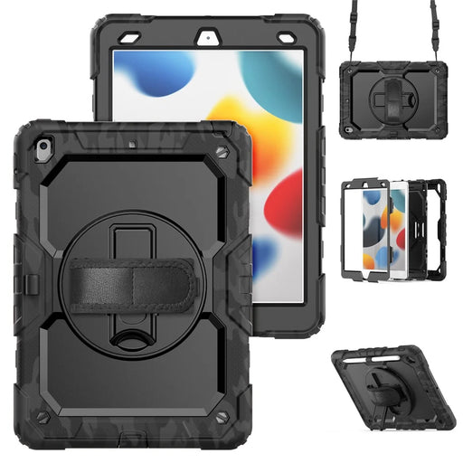 For iPad 10.2 (2021) / (2019) / (2020) Case Camo Printing PC + Silicone Tablet Cover with PET Film / Shoulder Strap - Black - 2