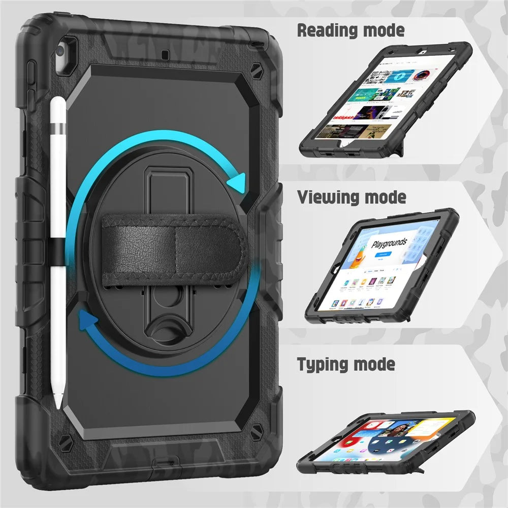 For iPad 10.2 (2021) / (2019) / (2020) Case Camo Printing PC + Silicone Tablet Cover with PET Film / Shoulder Strap - Black - 6
