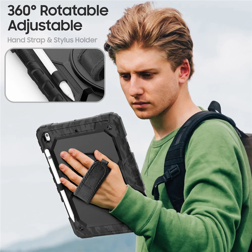 For iPad 10.2 (2021) / (2019) / (2020) Case Camo Printing PC + Silicone Tablet Cover with PET Film / Shoulder Strap - Black - 7