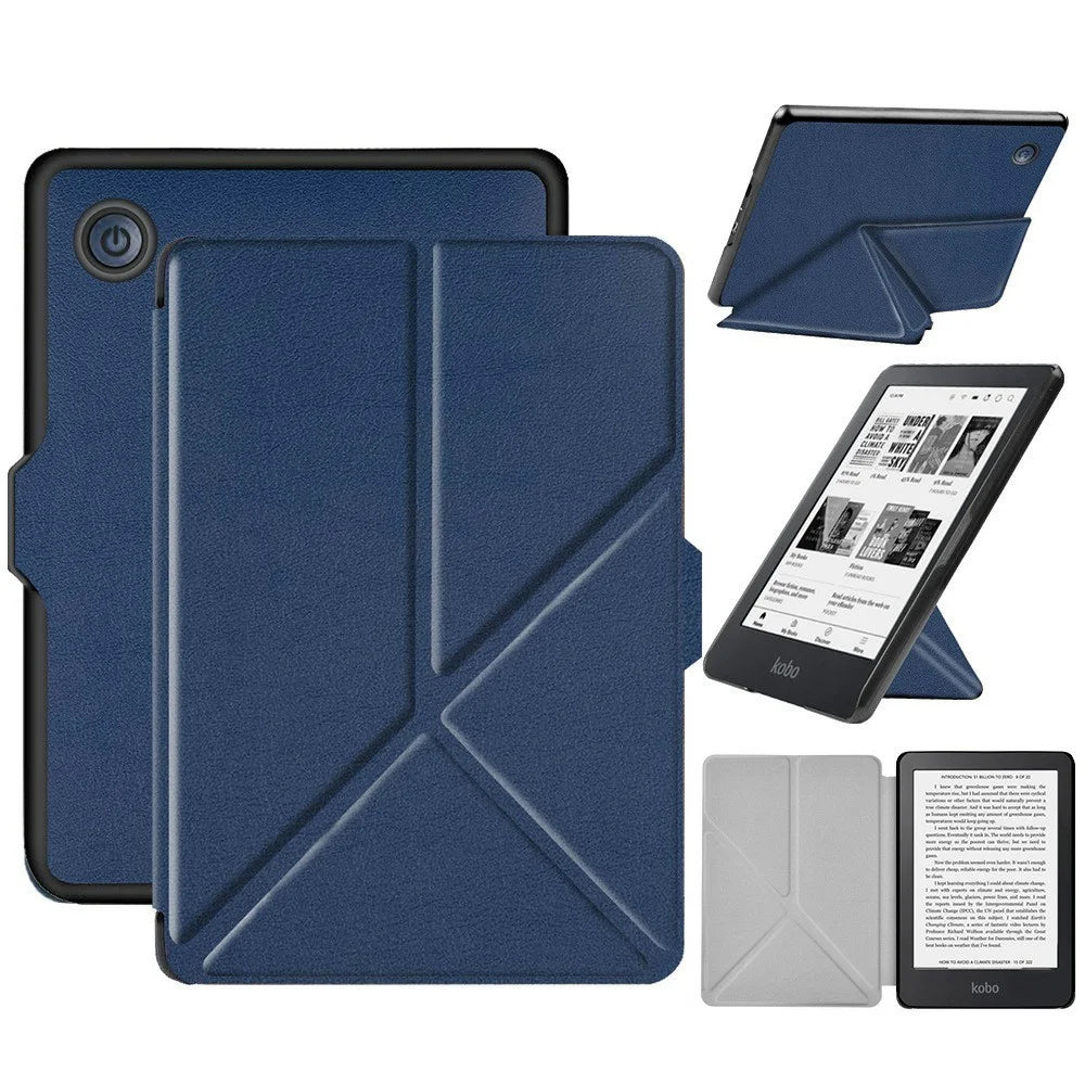 For Tolino Shine 4 Case Origami Stand PC + PU Leather E-Reader Protective Cover with Auto Sleep  /  Wake - Dark Blue - 1
