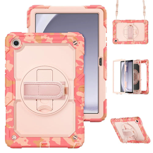 For Samsung Galaxy Tab A9+ SM-X210 / X215 / X216 / X218 Case Camo Printing PC + Silicone Tablet Cover with PET Film  /  Shoulder Strap - Pink - 1