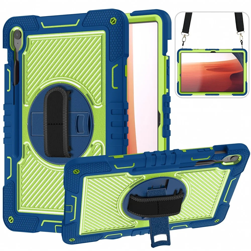 For Samsung Galaxy Tab S10 FE+ Tablet Case Silicone+PC Shockproof Cover with Kickstand Shoulder Strap - Navy Blue + Yellow Green - 1