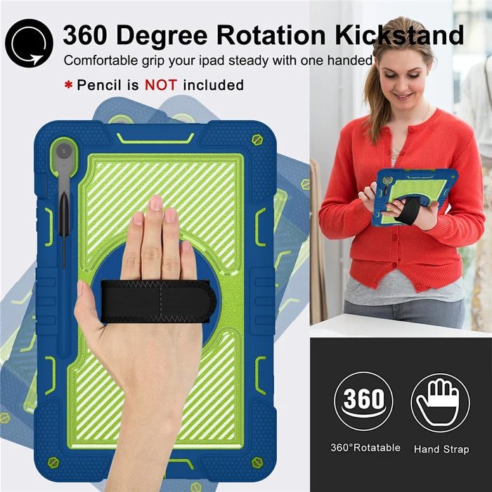 For Samsung Galaxy Tab S10 FE+ Tablet Case Silicone+PC Shockproof Cover with Kickstand Shoulder Strap - Navy Blue + Yellow Green - 2