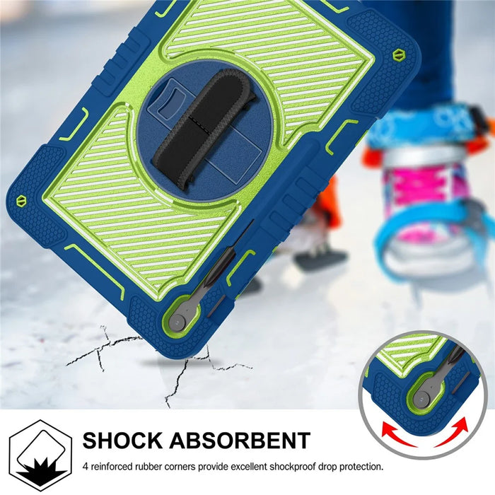 For Samsung Galaxy Tab S10 FE+ Tablet Case Silicone+PC Shockproof Cover with Kickstand Shoulder Strap - Navy Blue + Yellow Green - 3