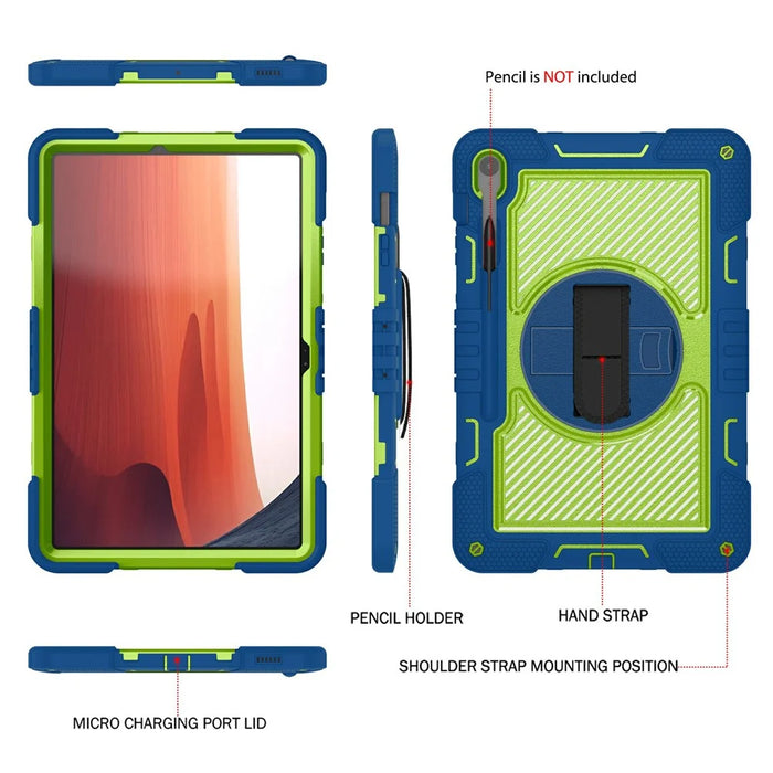 For Samsung Galaxy Tab S10 FE+ Tablet Case Silicone+PC Shockproof Cover with Kickstand Shoulder Strap - Navy Blue + Yellow Green - 4