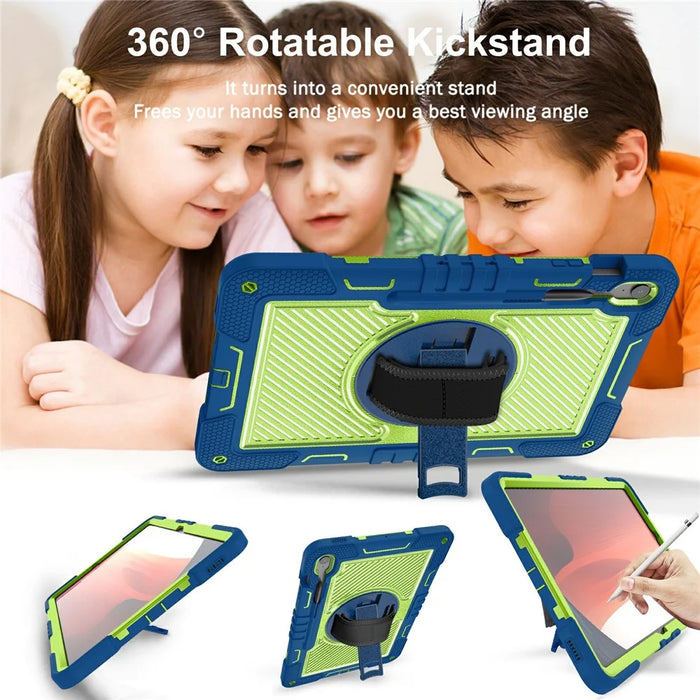 For Samsung Galaxy Tab S10 FE+ Tablet Case Silicone+PC Shockproof Cover with Kickstand Shoulder Strap - Navy Blue + Yellow Green - 5