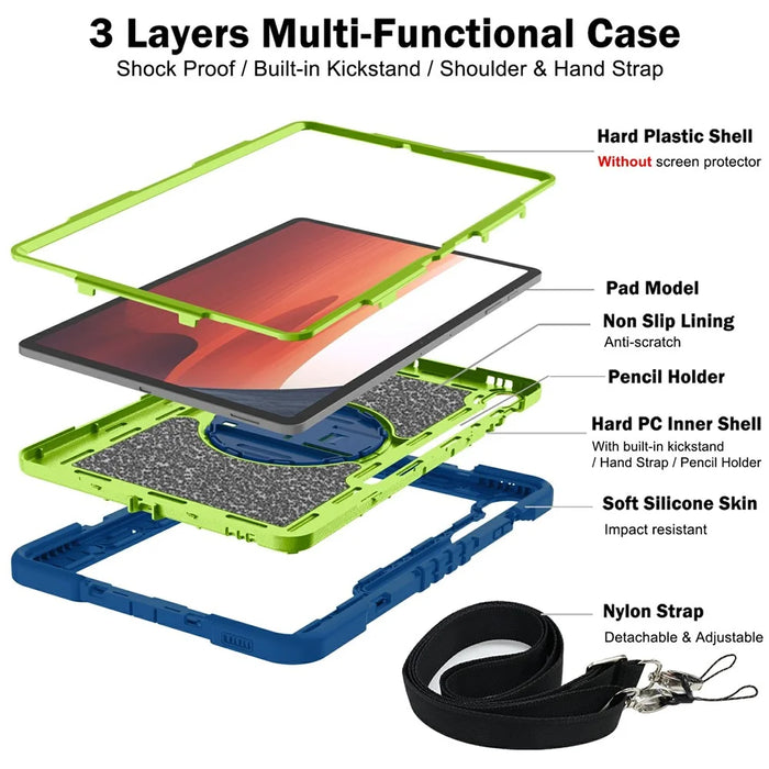 For Samsung Galaxy Tab S10 FE+ Tablet Case Silicone+PC Shockproof Cover with Kickstand Shoulder Strap - Navy Blue + Yellow Green - 6