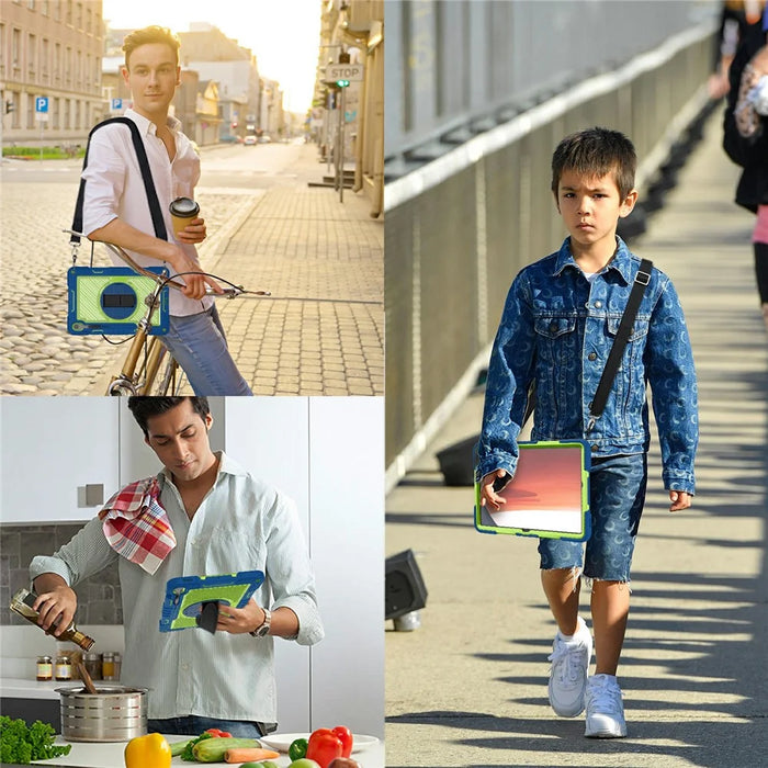 For Samsung Galaxy Tab S10 FE+ Tablet Case Silicone+PC Shockproof Cover with Kickstand Shoulder Strap - Navy Blue + Yellow Green - 7