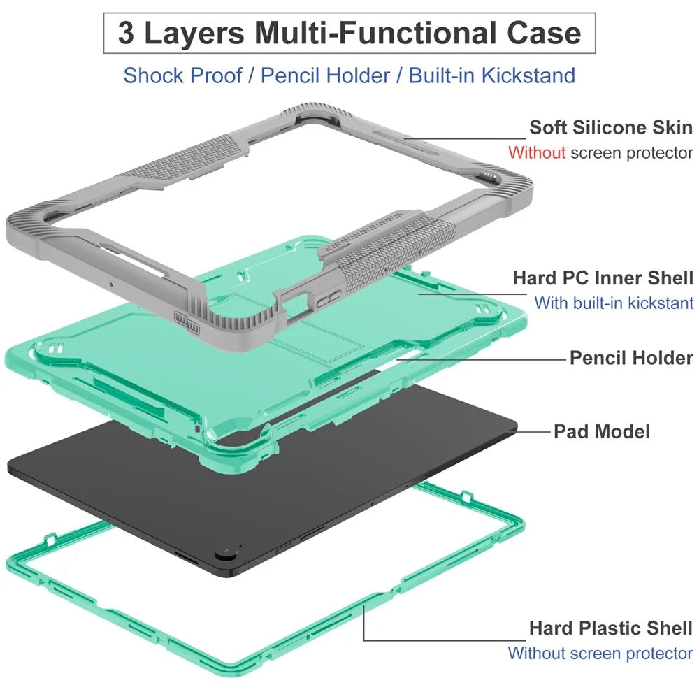 For Samsung Galaxy Tab S10 FE+ Case Kickstand Silicone + PC Impact Protective Tablet Cover - Mint Green  /  Grey - 6