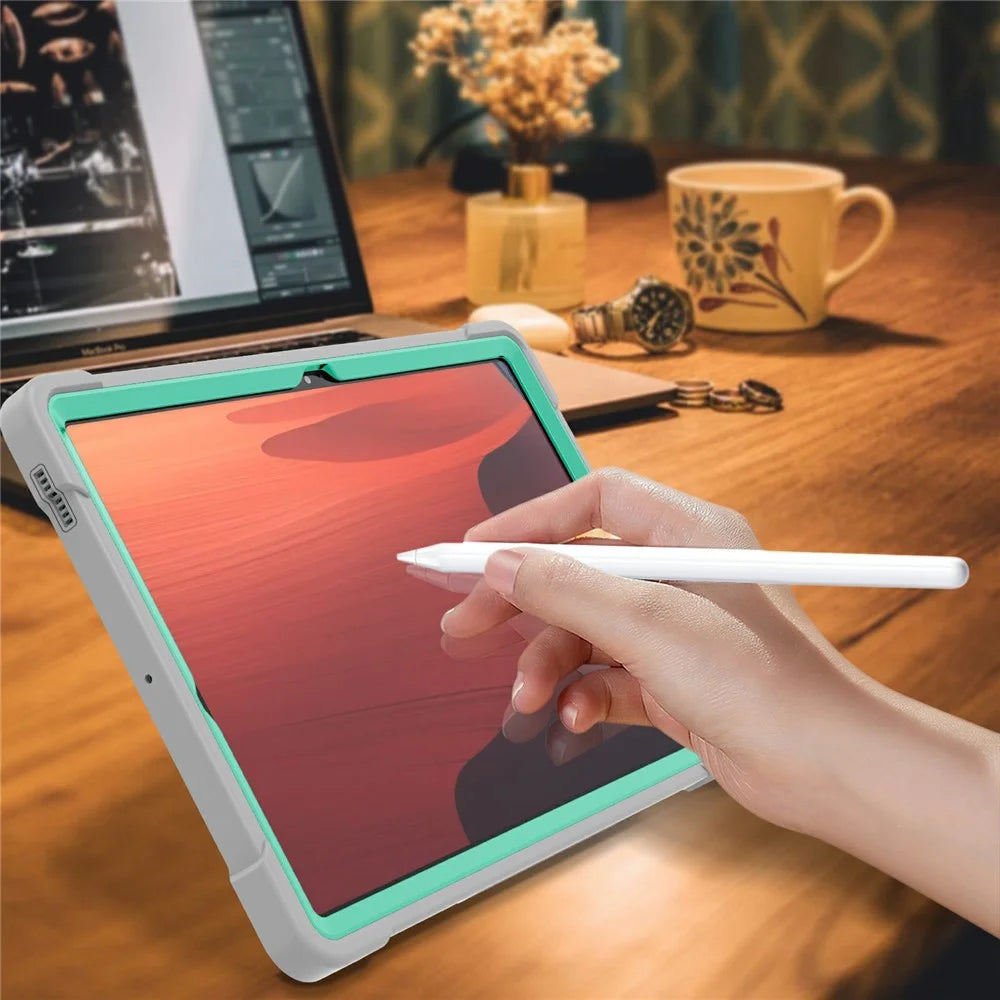 For Samsung Galaxy Tab S10 FE+ Case Kickstand Silicone + PC Impact Protective Tablet Cover - Mint Green  /  Grey - 7
