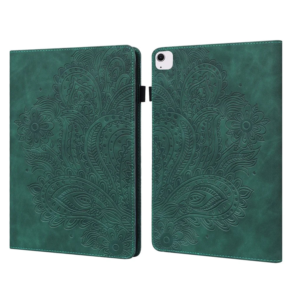 Tablet Case For iPad Air 13 (2026) / (2025) / (2024) / Pro 12.9 (2022) / (2021) / (2020) Peacock Flower Pattern Card Holder Leather Cover - Green - 1