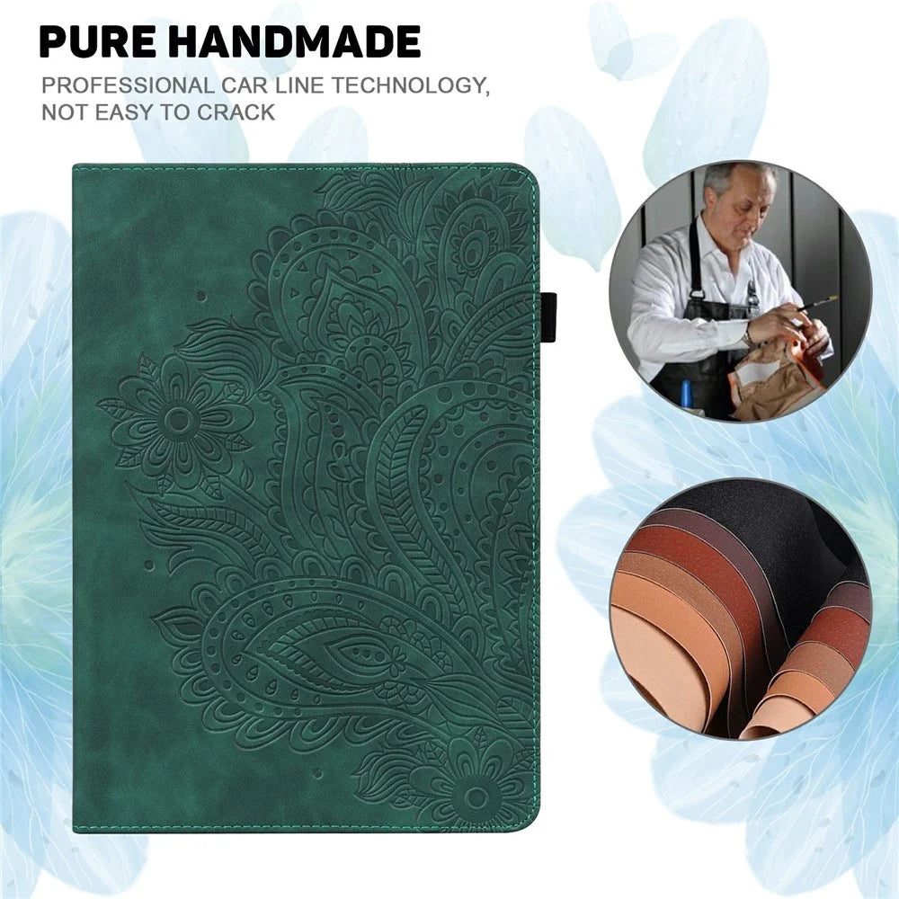 Tablet Case For iPad Air 13 (2026) / (2025) / (2024) / Pro 12.9 (2022) / (2021) / (2020) Peacock Flower Pattern Card Holder Leather Cover - Green - 3