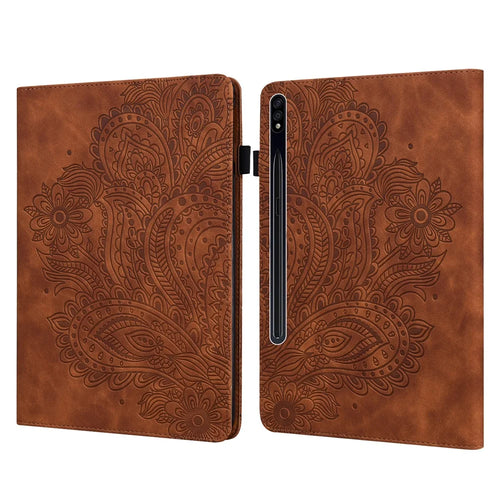 Tablet Case For Samsung Galaxy Tab S10+  /  S9 FE+  /  S9+  /  S8+  /  S7+  /  S7 FE Peacock Flower Pattern Card Holder Leather Cover - Brown - 1